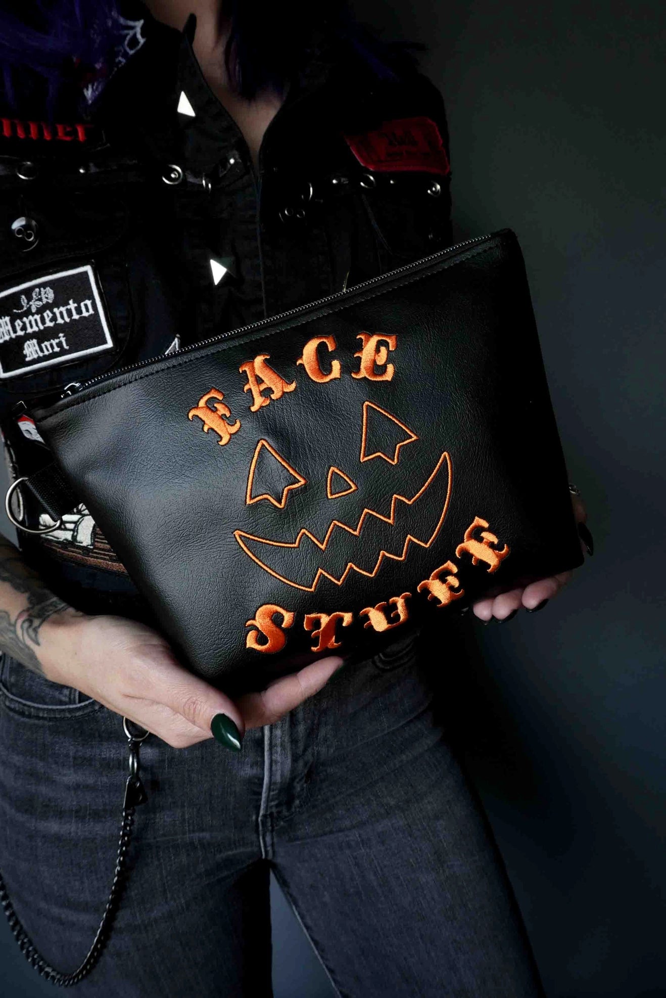 Pumpkin Face Stuff Black Cosmetic Bag - Vegan Leather