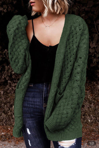 Green open front woven texture knit cardigan with pockets!