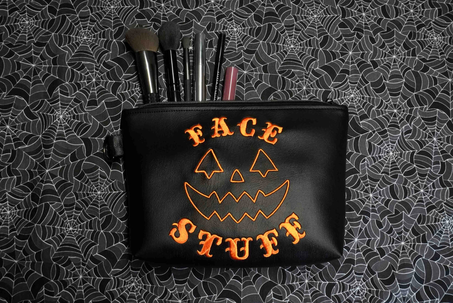 Pumpkin Face Stuff Black Cosmetic Bag - Vegan Leather