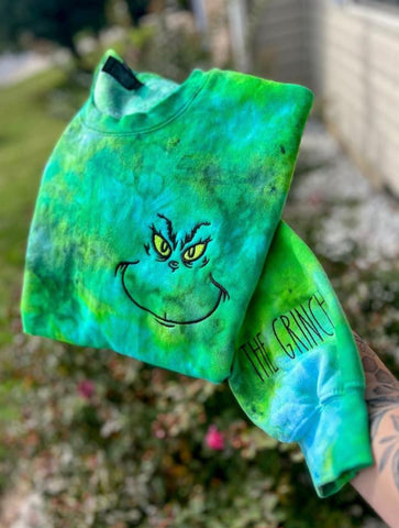 Iced dyed Grinchy Green Sweatshirt - Pocket embroidery + Sleeve * DO NOT USE ANY DISCOUNTS OR YOU’LL BE REFUNDED* PRE ORDER CLOSES SUNDAY
