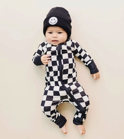 Bamboo Zip Romper | Black Checkered
