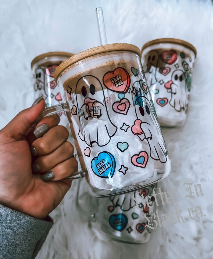 Ghost Valentine’s Day 🩷✨ 15oz Glass Mug + Straw - Pre order