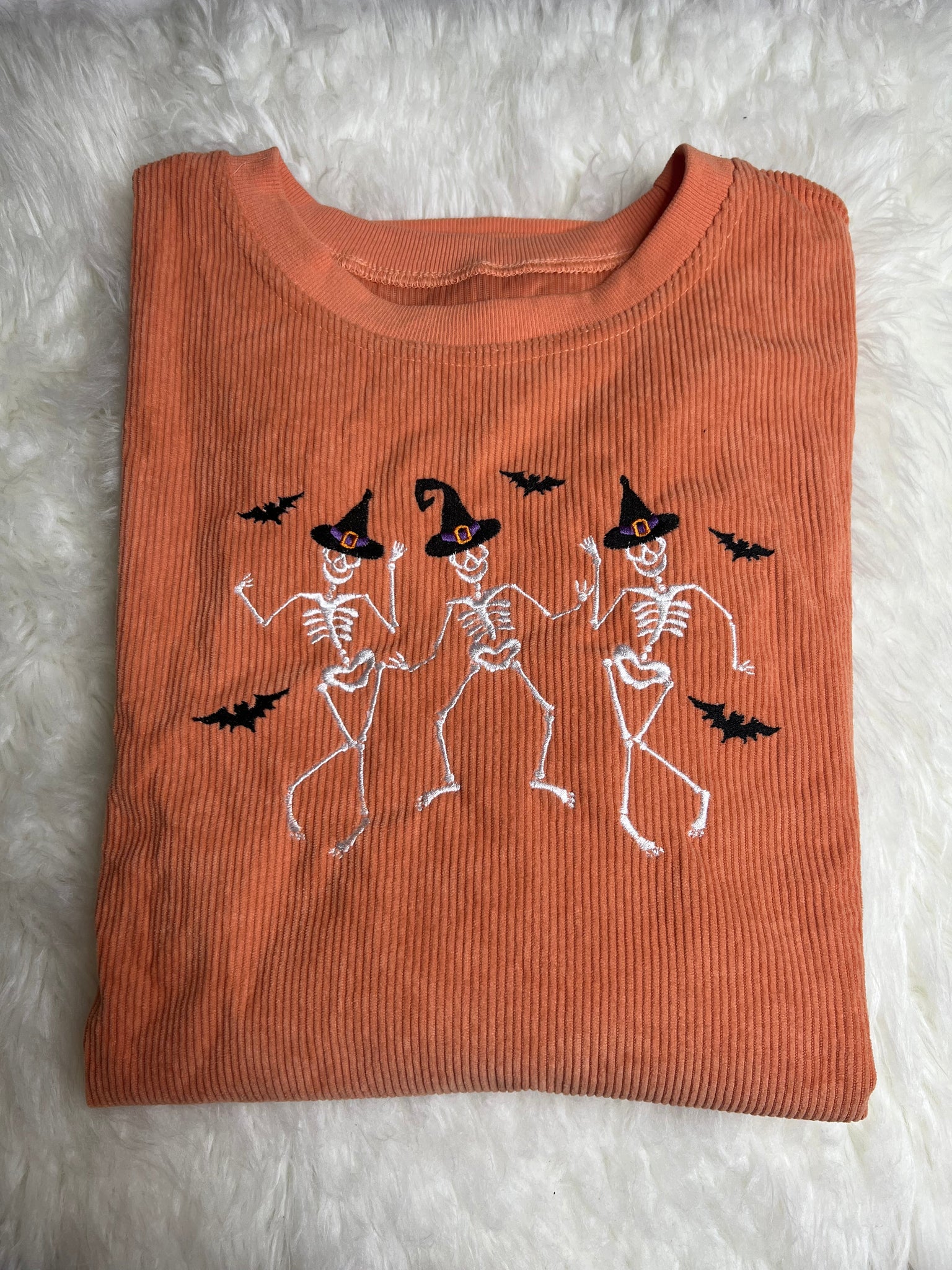 Skeleton Witches - Embroidered Corded Sweatshirt Orange - XL Oversized