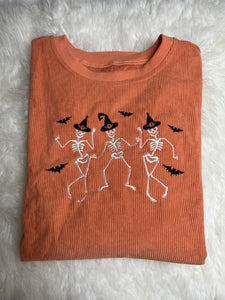 Skeleton Witches - Embroidered Corded Sweatshirt Orange - Large Oversized