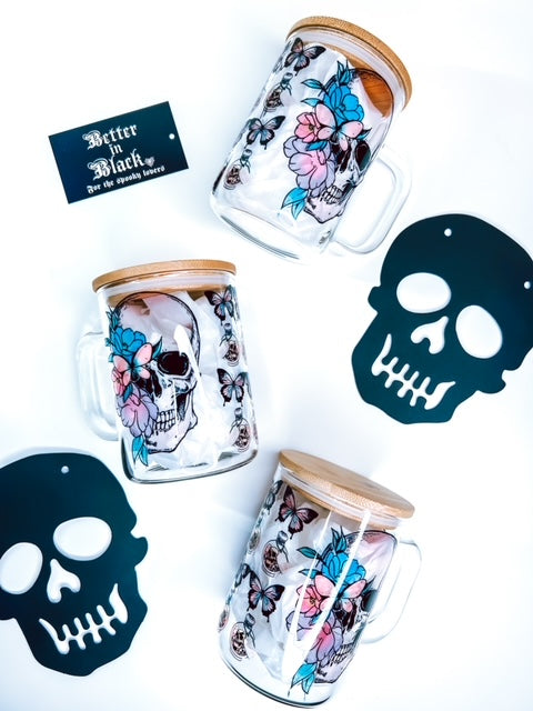 Skull Spring Vibes -  15oz Glass Mug + Straw