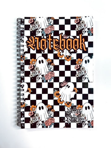 Checkered Flower Ghosts Notebook - 60 Pages - Spiral - With Back design -5.5 x 8.5