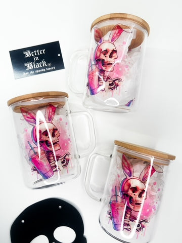 Skelly Bunny -  15oz Glass Mug + Straw