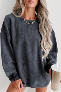 Black Solid Ribbed Knit Pullover Sweatshirt