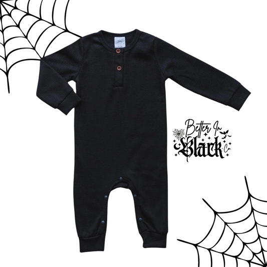 Midnight Black - Waffle-Knit Henley Romper