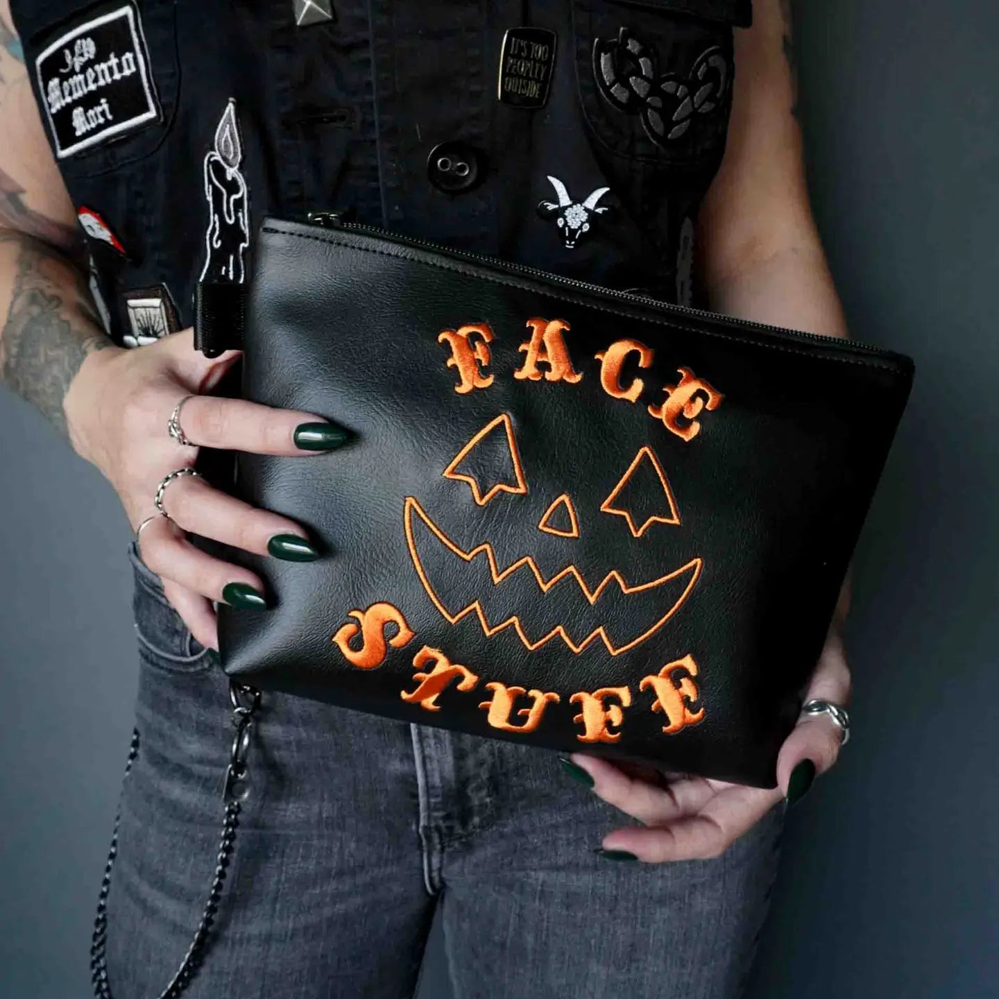 Pumpkin Face Stuff Black Cosmetic Bag - Vegan Leather